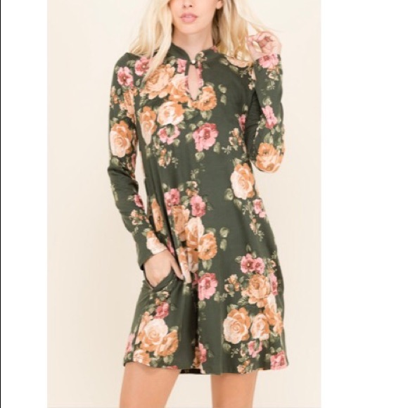 ✨LAST ONES✨Olive floral side pocket swing dress - Picture 2 of 6